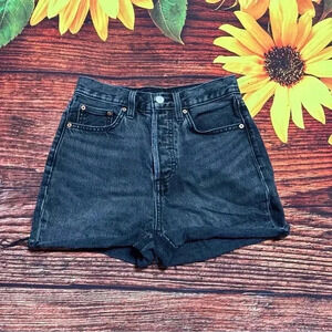 Aritzia Denim Forum Black Hi Rise Button Fly Yoko Mid Thigh Raw Hem Denim Shorts